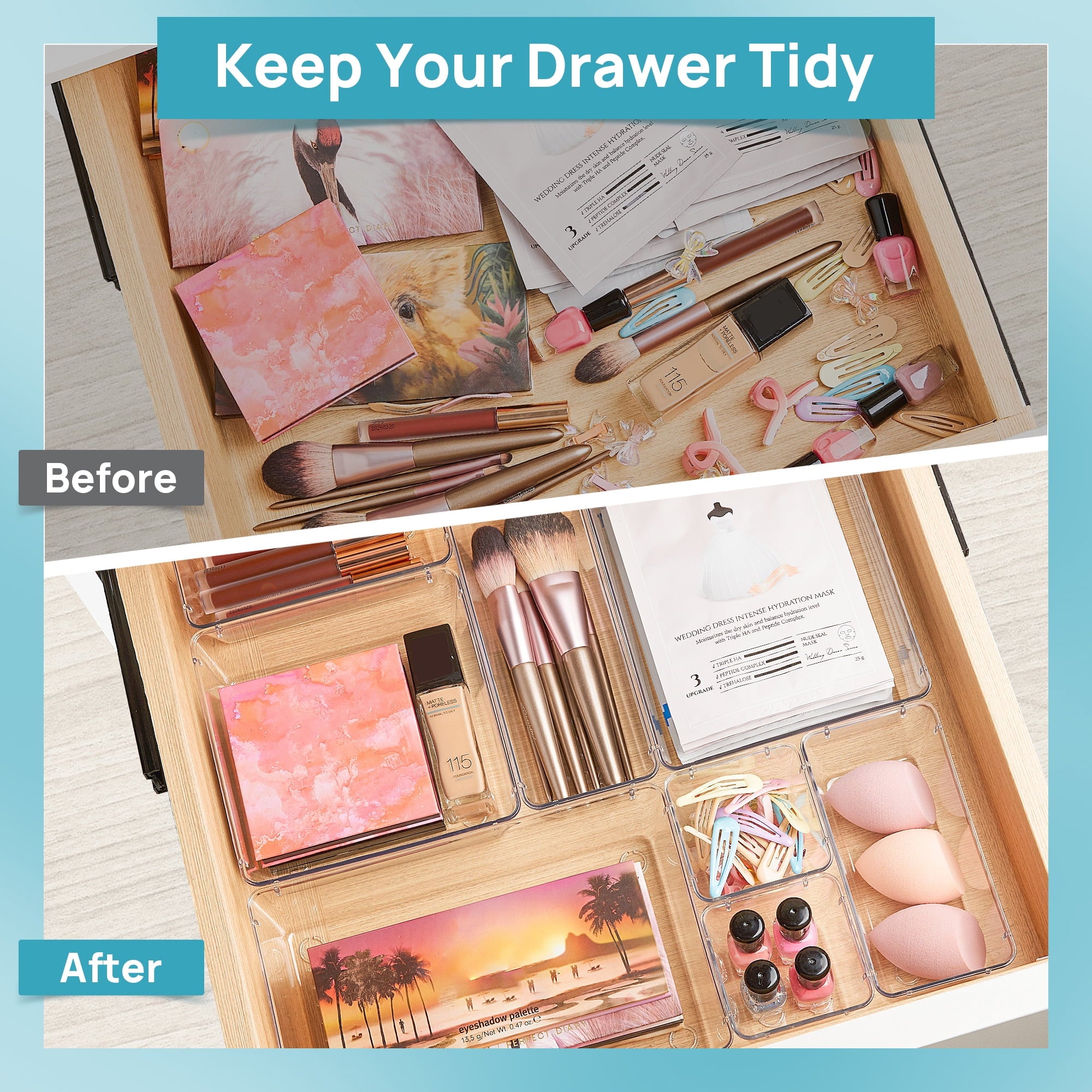 Sindcom 26 PCS Clear Plastic Stackable Organizer Bins，Makeup Drawer Organizers and Vanity Organizer