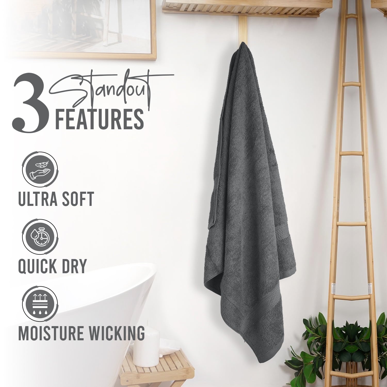 Bath Towel 4 Pack 27x54 in Ultra Soft Quick Drying Cotton Towel - Gray
