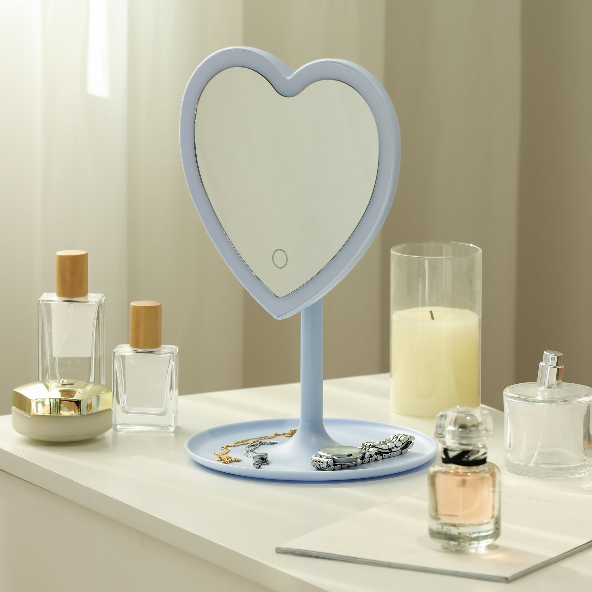 Mainstays 11.26" Tall Light Blue Plastic Frame Tabletop Heart Shaped LED Lighted Mirror with Trinket Tray