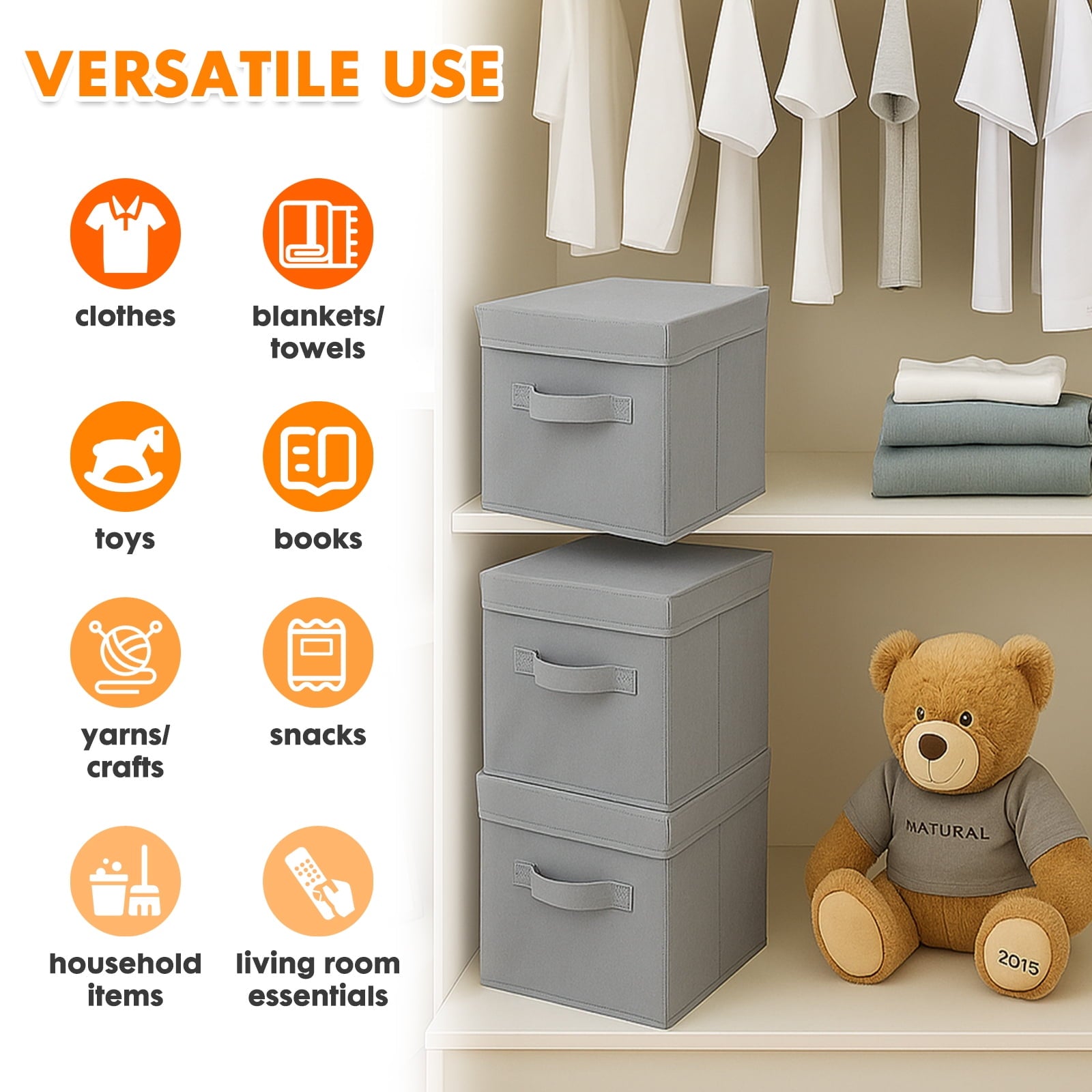 PinkSheep Collapsible Storage Bins with Lids, Foldable Fabric Storage Cubes Organizer Bins Basket(13" x 13"), Gray, 2 Pack