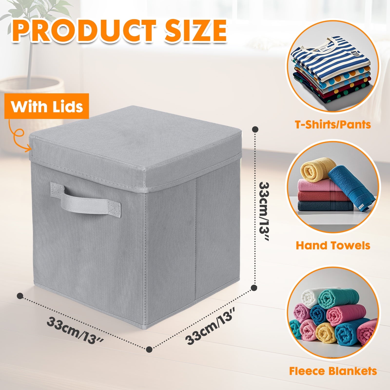 PinkSheep Collapsible Storage Bins with Lids, Foldable Fabric Storage Cubes Organizer Bins Basket(13" x 13"), Gray, 2 Pack