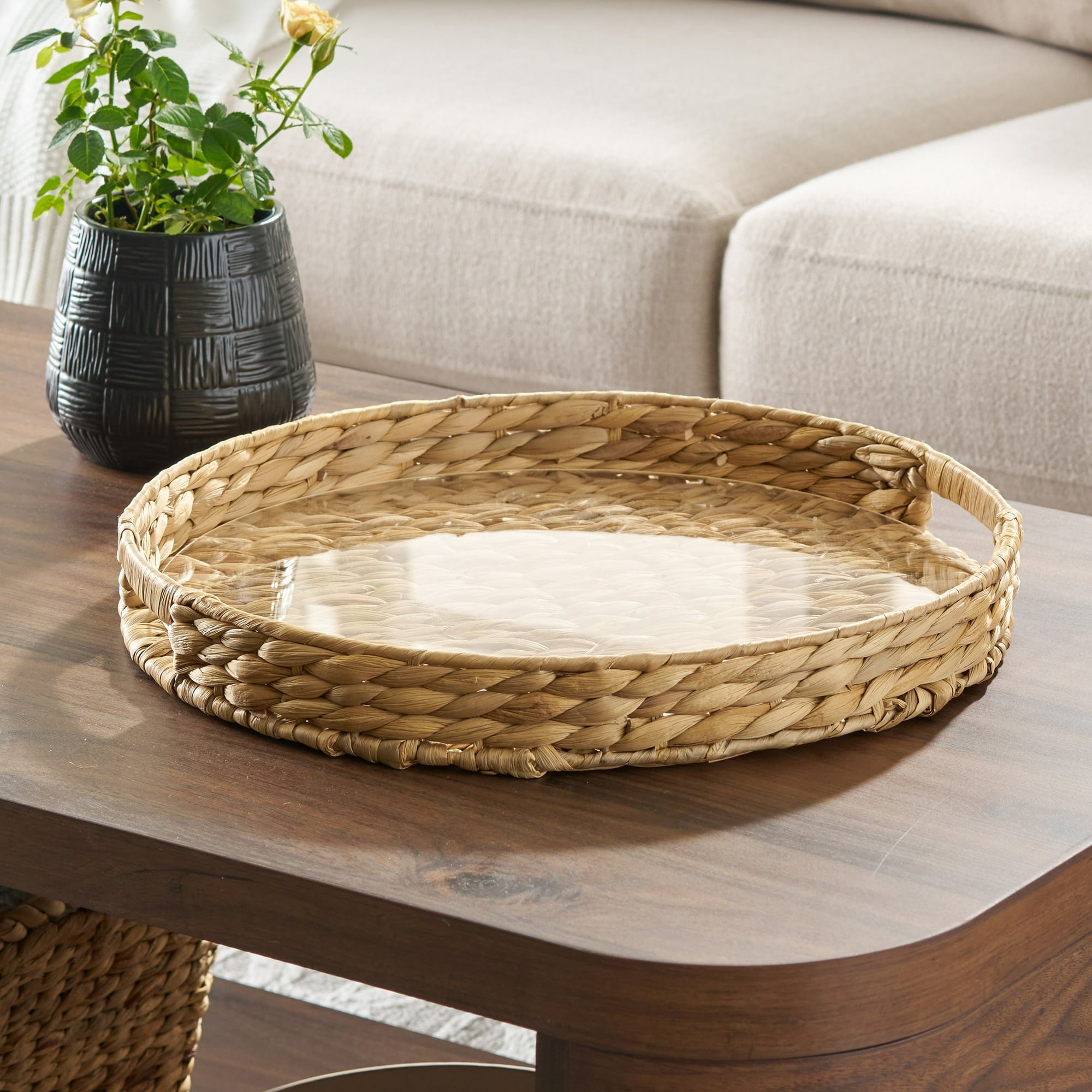 Better Homes & Gardens 16-Inch Natural Water Hyacinth Decorative Tray with Clear Acrylic Insert, 1 Count