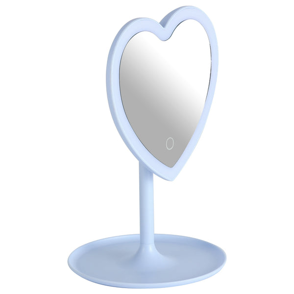 Mainstays 11.26" Tall Light Blue Plastic Frame Tabletop Heart Shaped LED Lighted Mirror with Trinket Tray