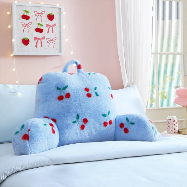 Mainstays Blue Faux Fur Backrest Pillow – Red Cherry Pattern, 32.5" L x 10" W x 18" H