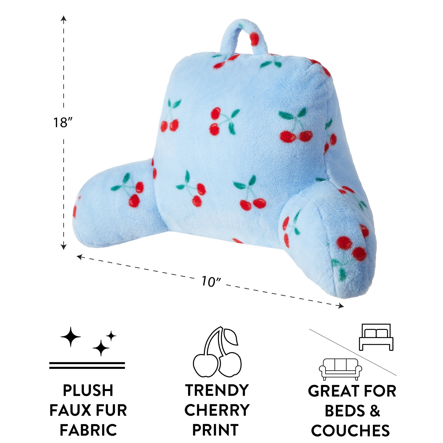 Mainstays Blue Faux Fur Backrest Pillow – Red Cherry Pattern, 32.5" L x 10" W x 18" H